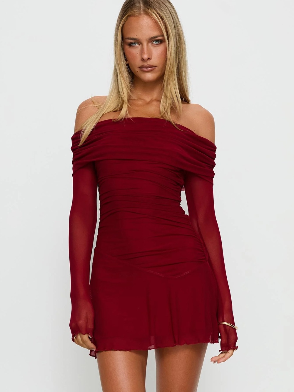 Princess Polly Koki Long Sleeve Off Shoulder Mini Dress Red